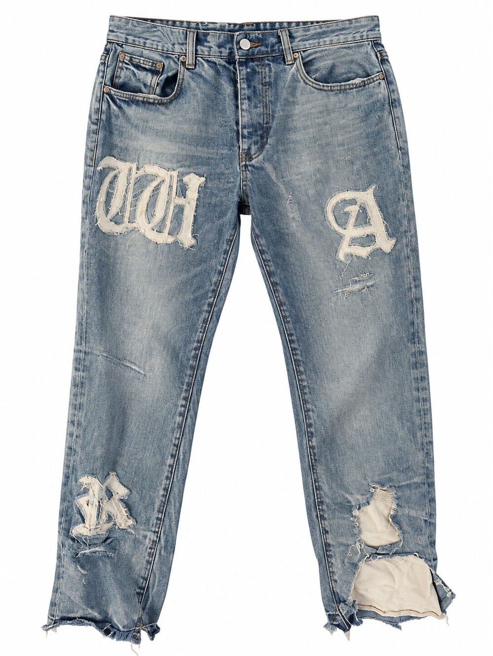 Distressed Blue Denim Jeans Gothic Letter Patch Y2K
